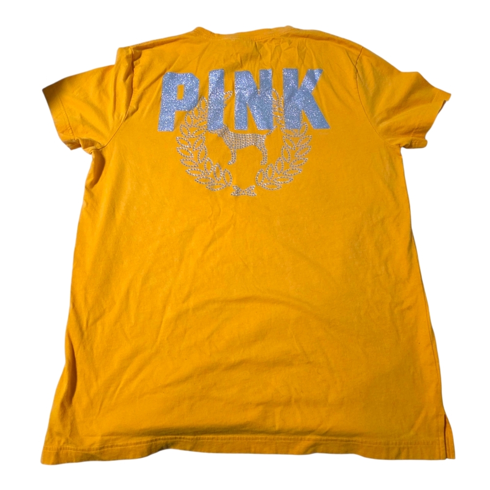 PINK Victoria's Secret Large Mustard Yellow Bling Rhinestones T-shirt
